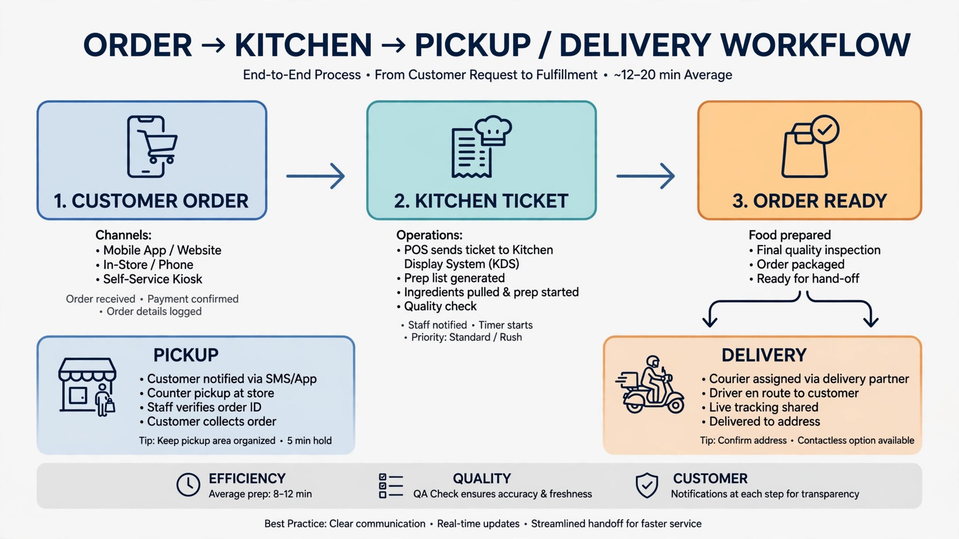 step flow from customer order to kitchen ticket to pickup or delivery with clear icons and labels.