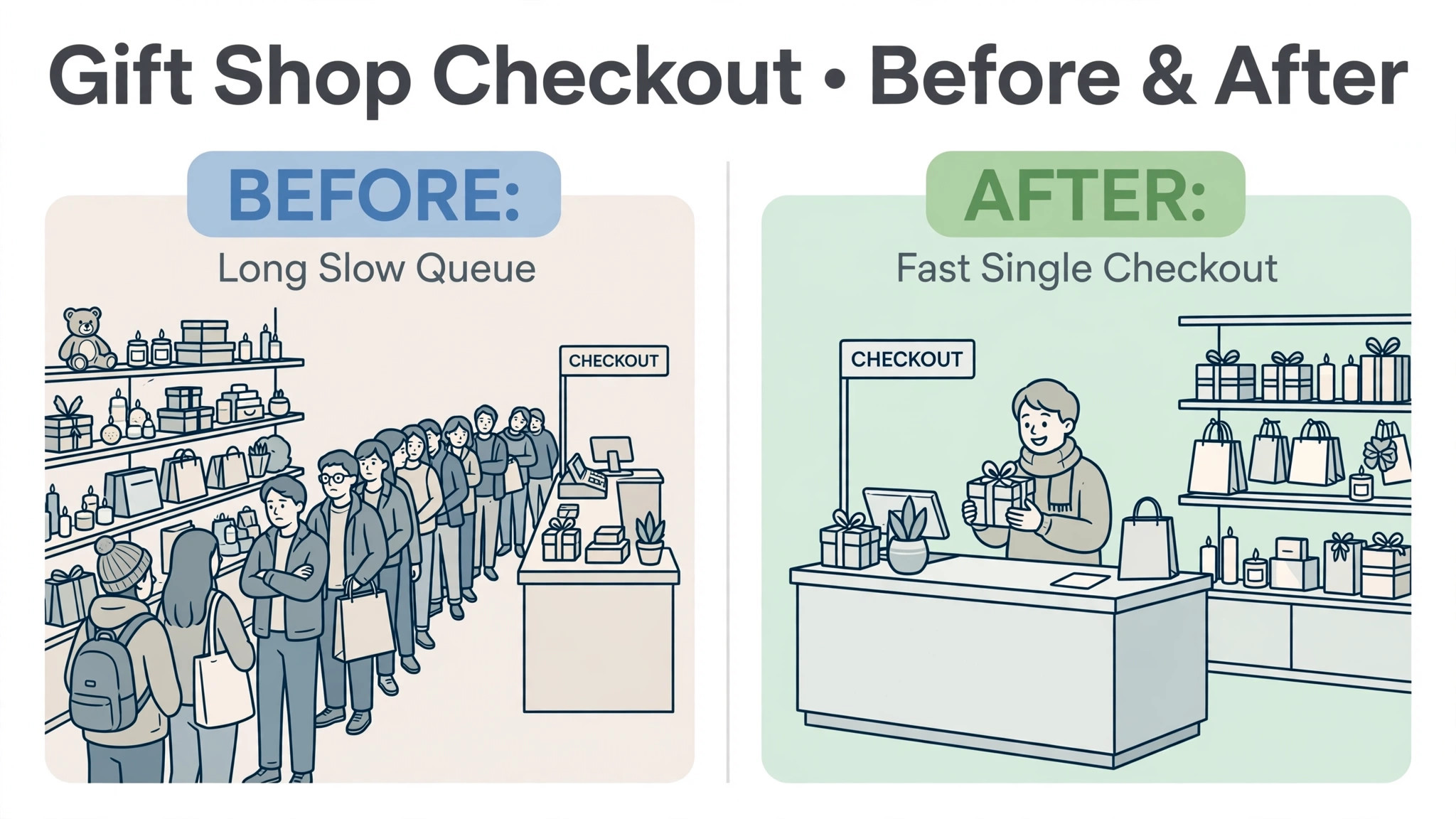 Before and after of a gift shop checkout queue