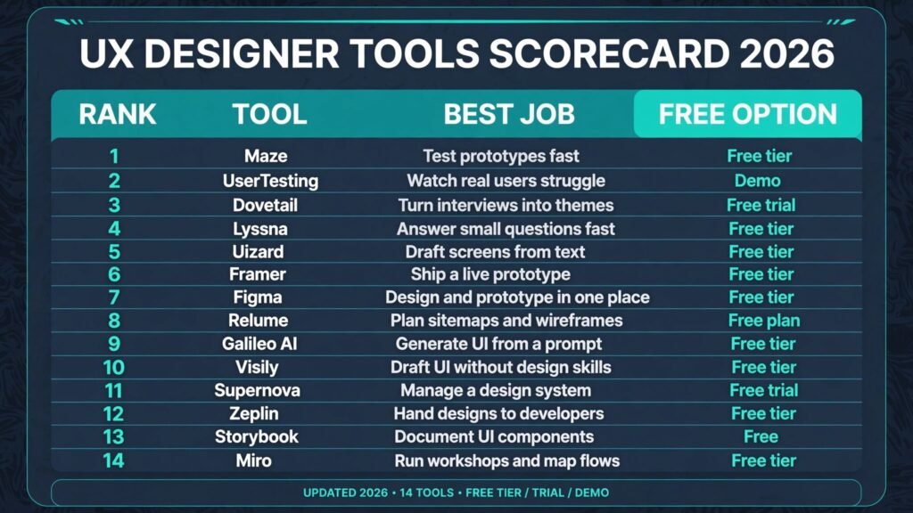 UX designer tools scorecard, best tool for research, prototyping, UI systems and handoff