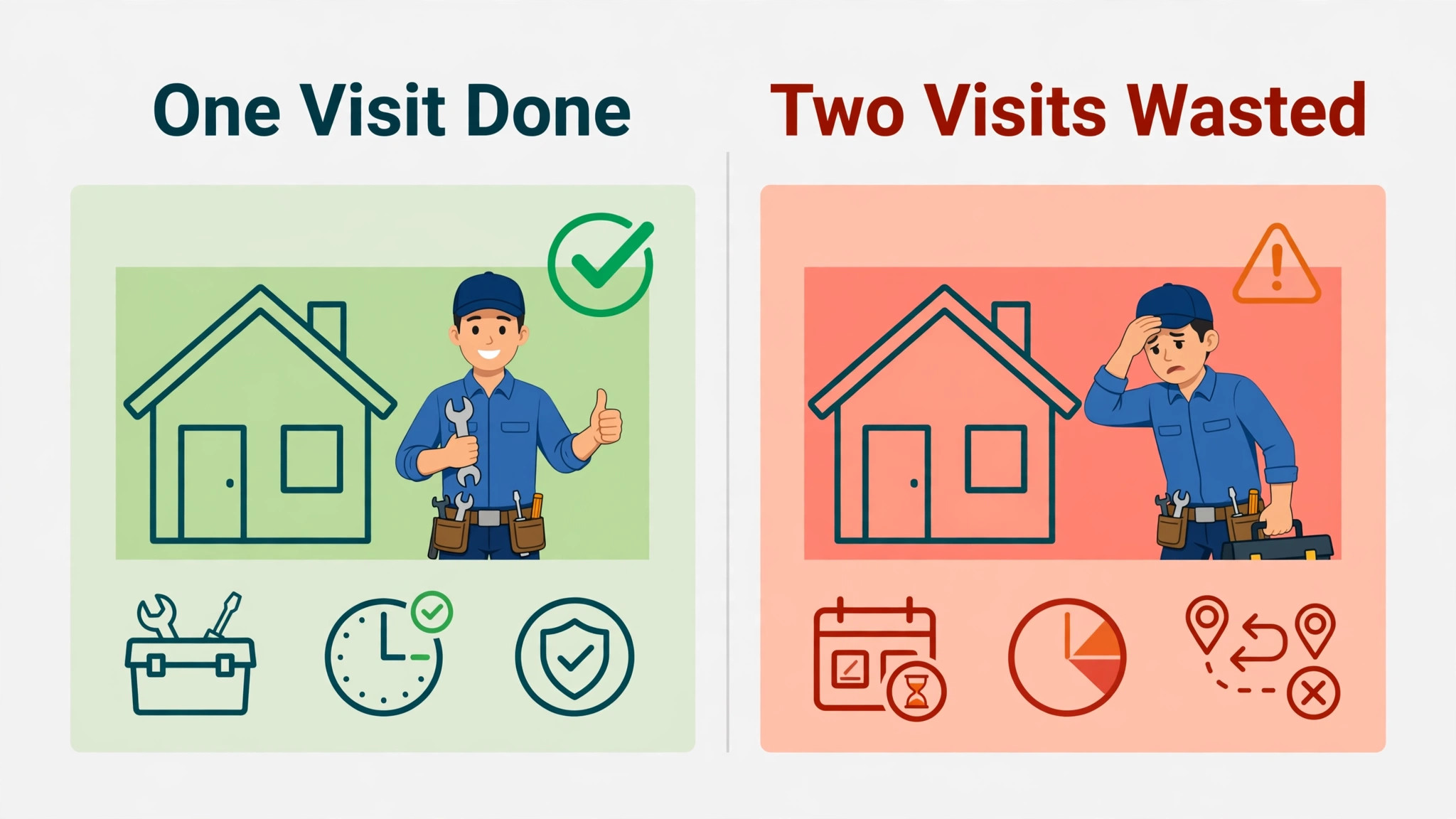A comparison visual contrasting a one-visit job with a wasted two-visit job