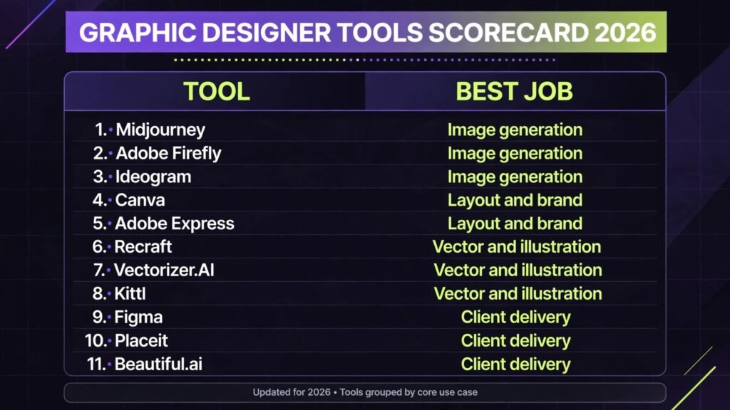 Graphic designer tools scorecard, best tool for image generation, layout, vector work and delivery