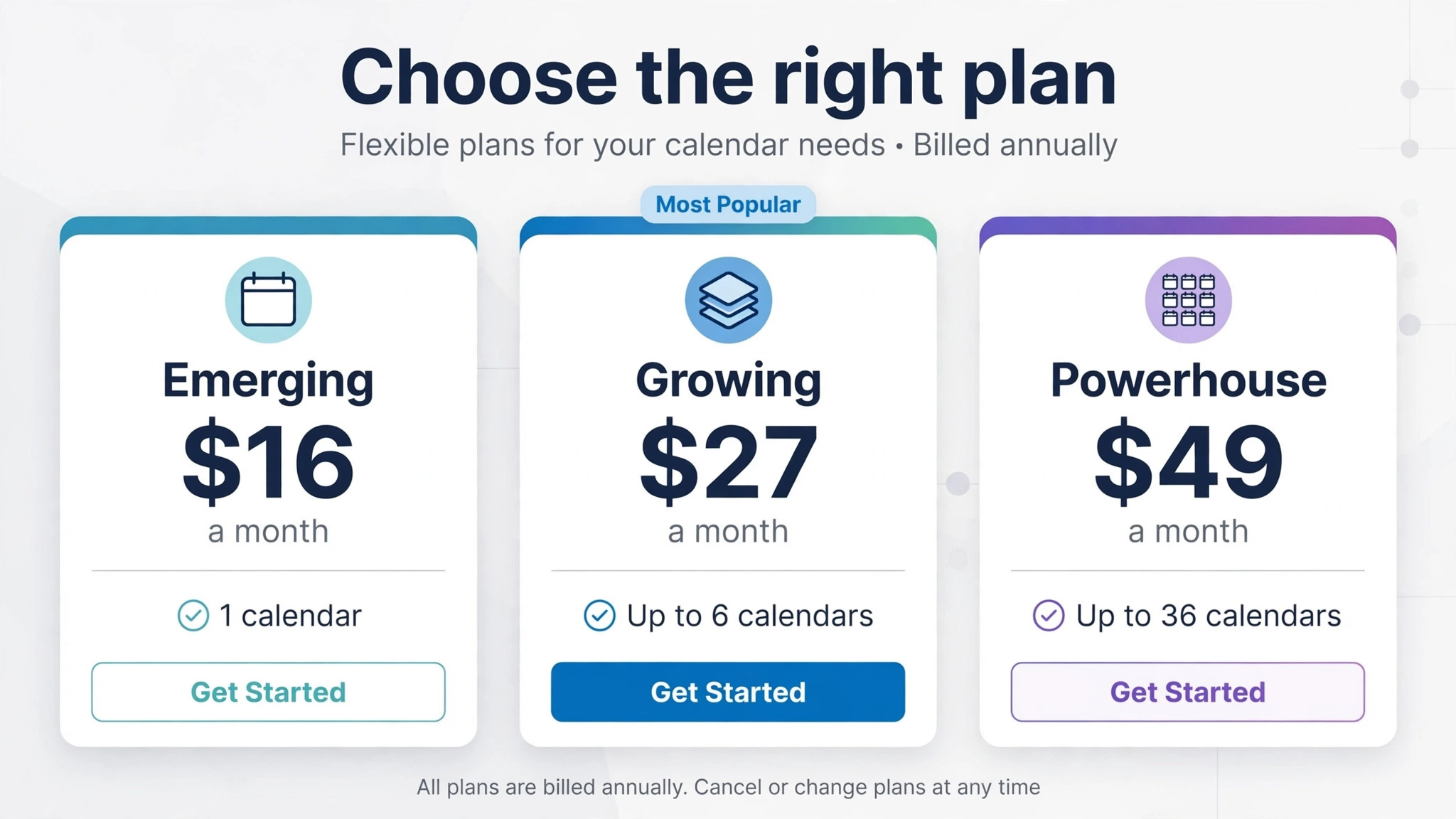 comparison visual of Emerging, Growing and Powerhouse calendar limits and prices