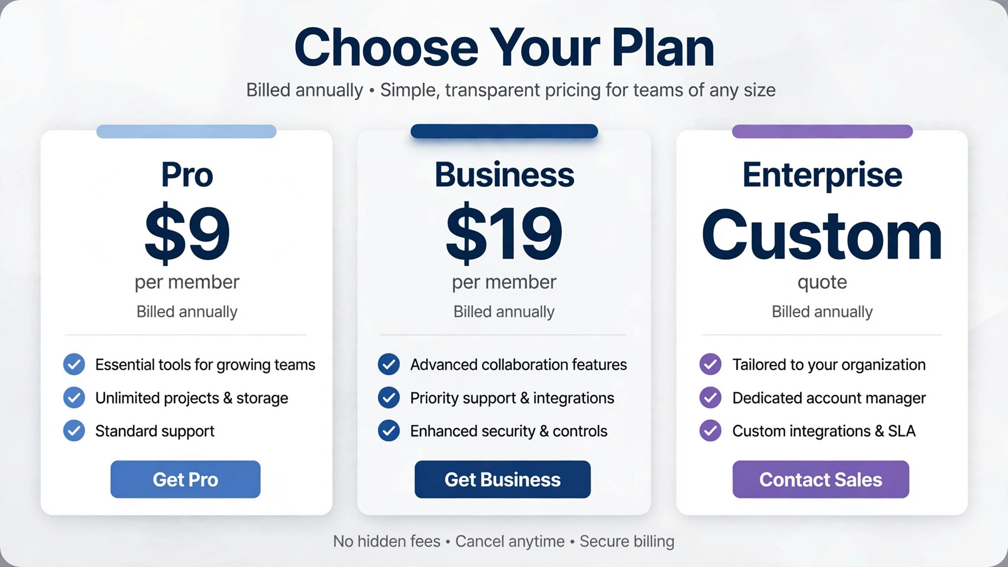 comparison visual of Pro, Business and Enterprise prices per member