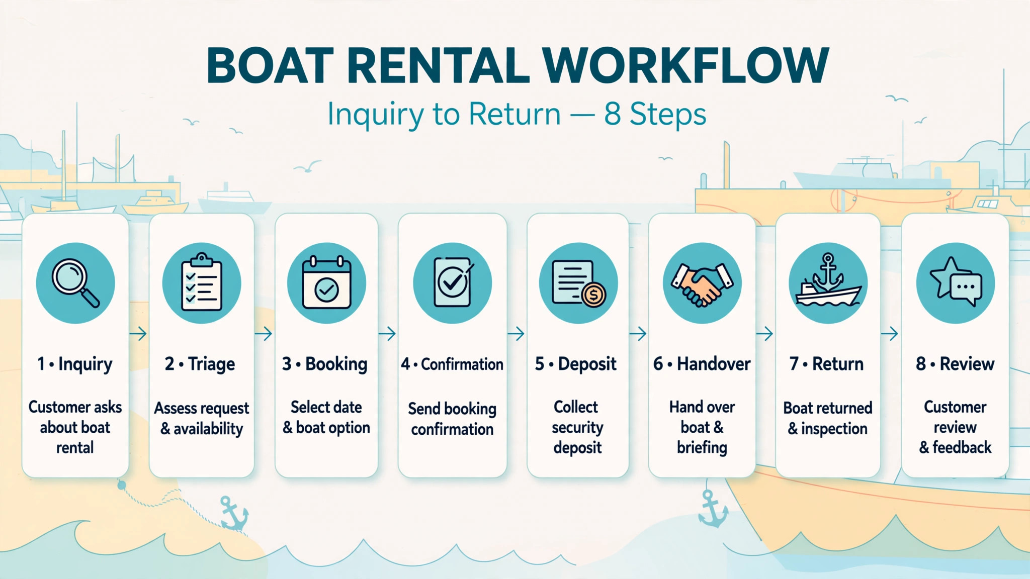 Eight step workflow from inquiry to return for boat rentals