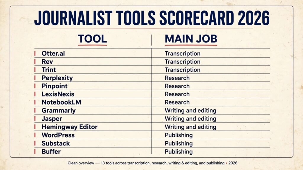 Journalist tools scorecard, best tool for transcription, research, writing and publishing