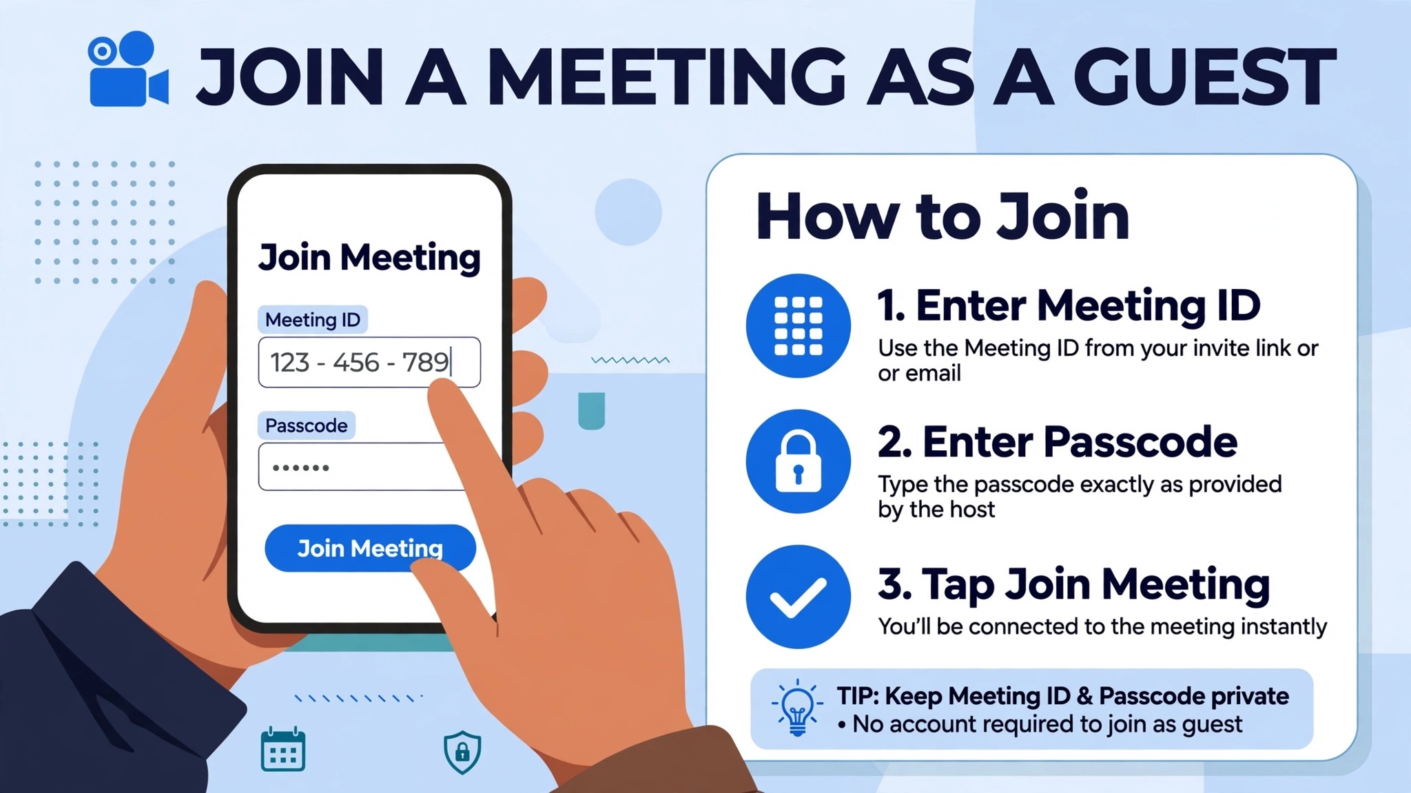 phone screen showing a guest joining a meeting by ID and passcode by hand