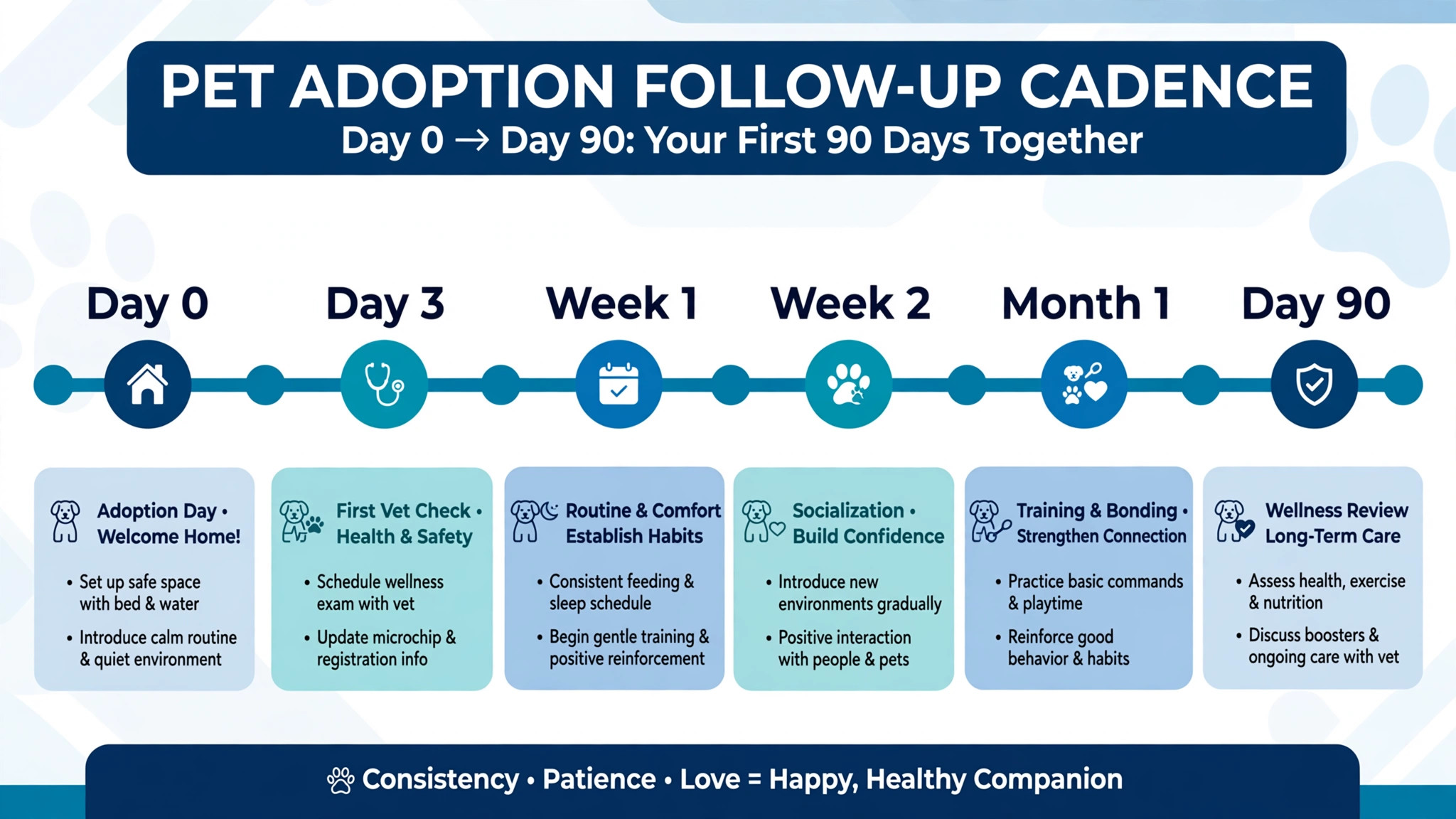 timeline of shelter adoption follow-up from day zero to ninety days