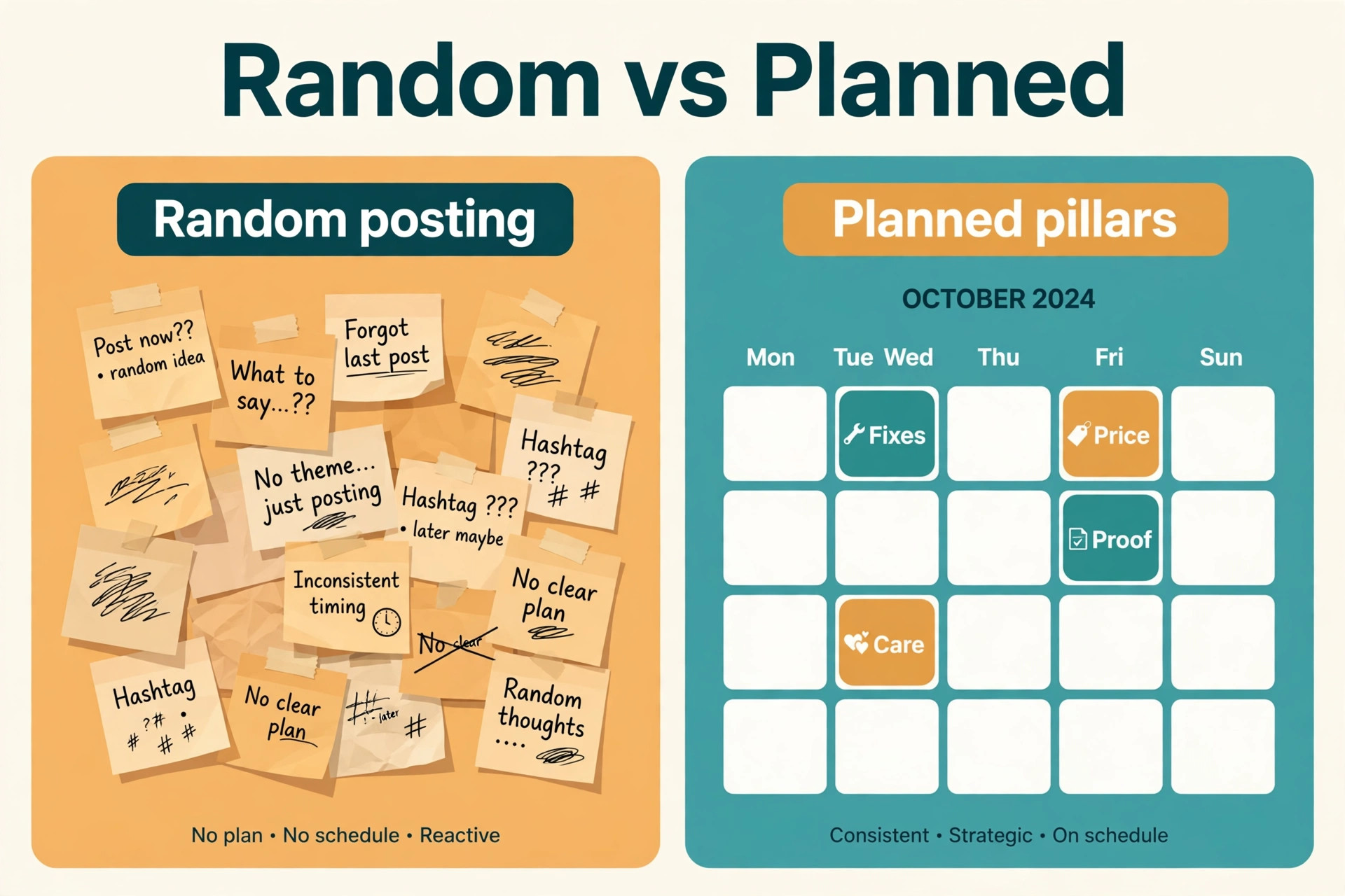 Comparison of random posting and a planned content calendar