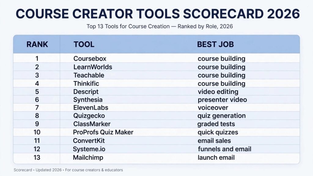 Course creator tools scorecard, best tool for building, video, quizzes and sales