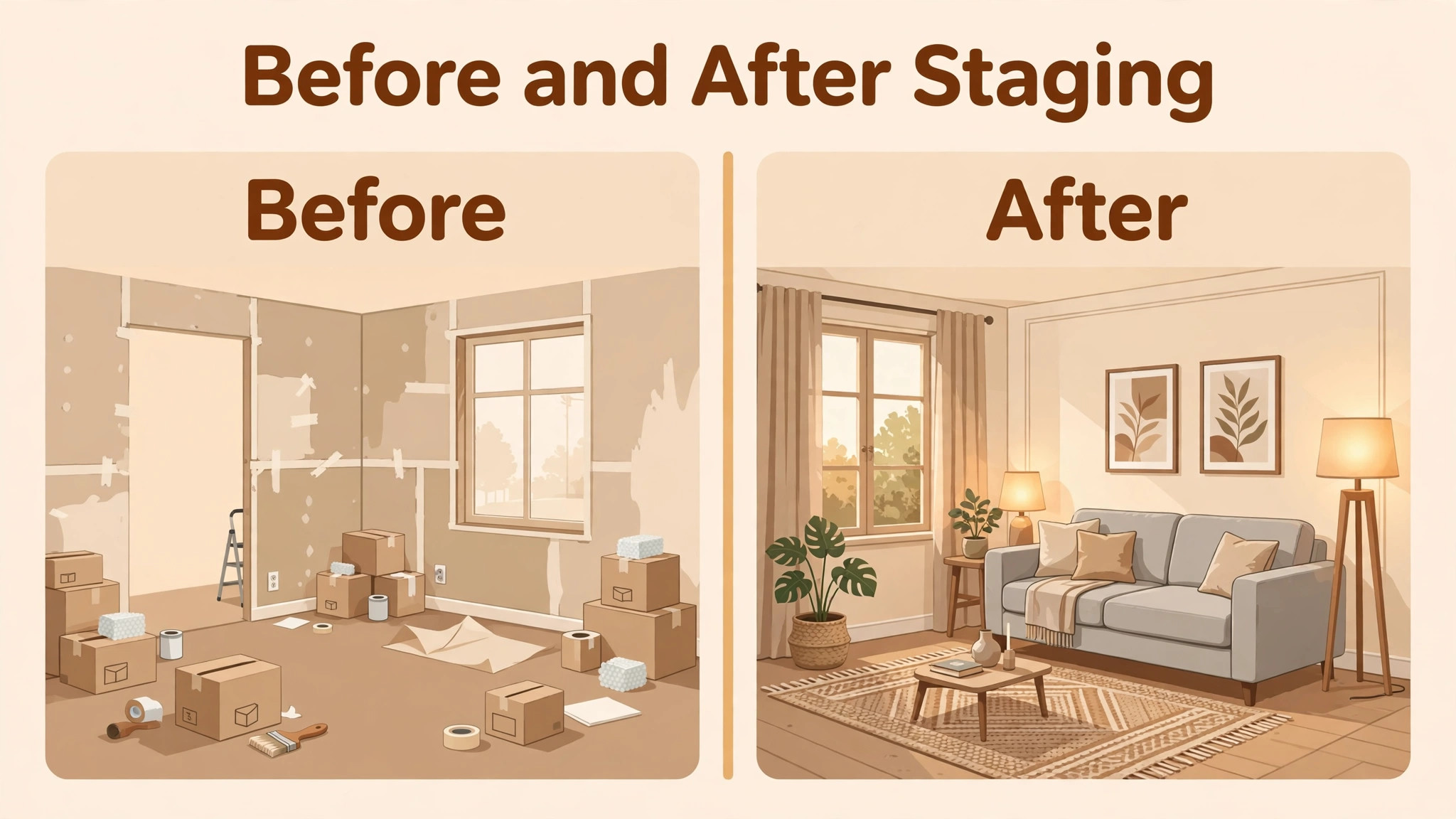 Before and after visual of a staged room install