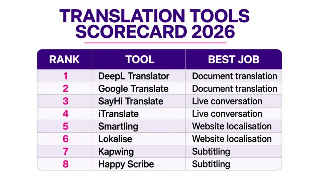 Translation tools scorecard, best tool for documents, conversation, websites and subtitles