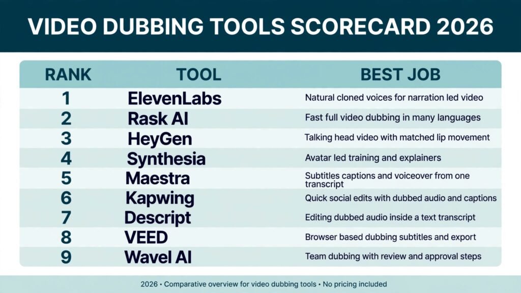 Video dubbing tools scorecard, best tool for voice cloning, lip sync, subtitles and studio work