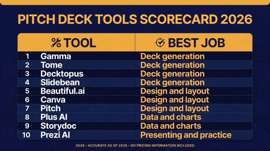 Pitch deck tools scorecard, best tool for generation, design, charts and presenting