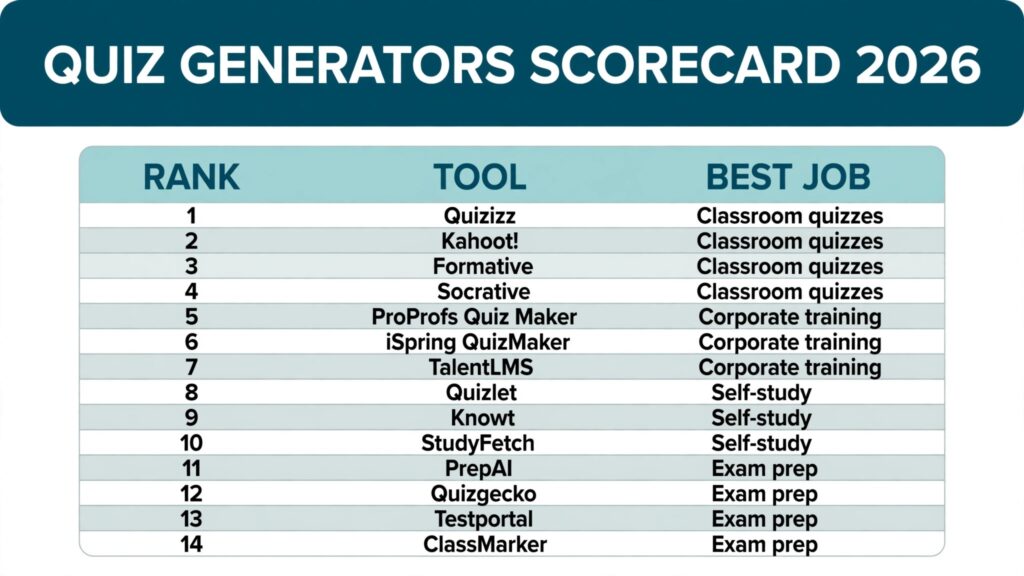 Quiz generator scorecard, best tool for classroom, training, self-study and exam prep
