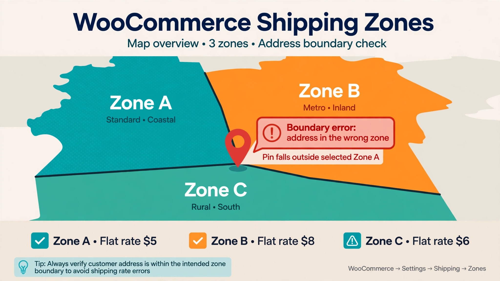 Map of WooCommerce shipping zones with a boundary error.