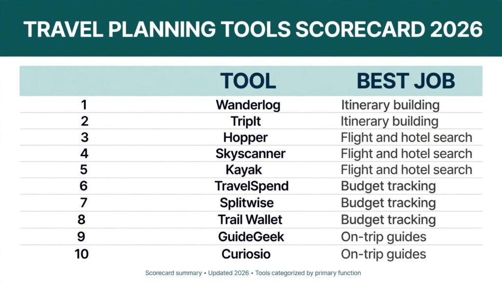 Travel planning tools scorecard, best tool for itineraries, flights, budgets and guides