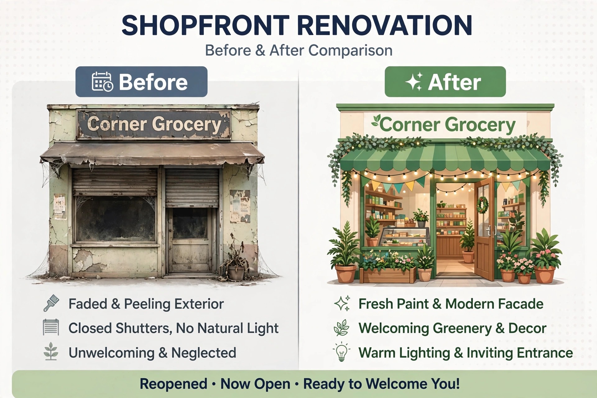 before/after showing a shopfront before renovation and after reopening