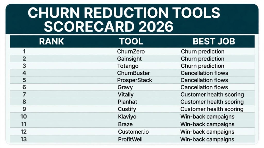 Churn reduction tools scorecard, best tool for prediction, cancel flows, health scoring and win-back