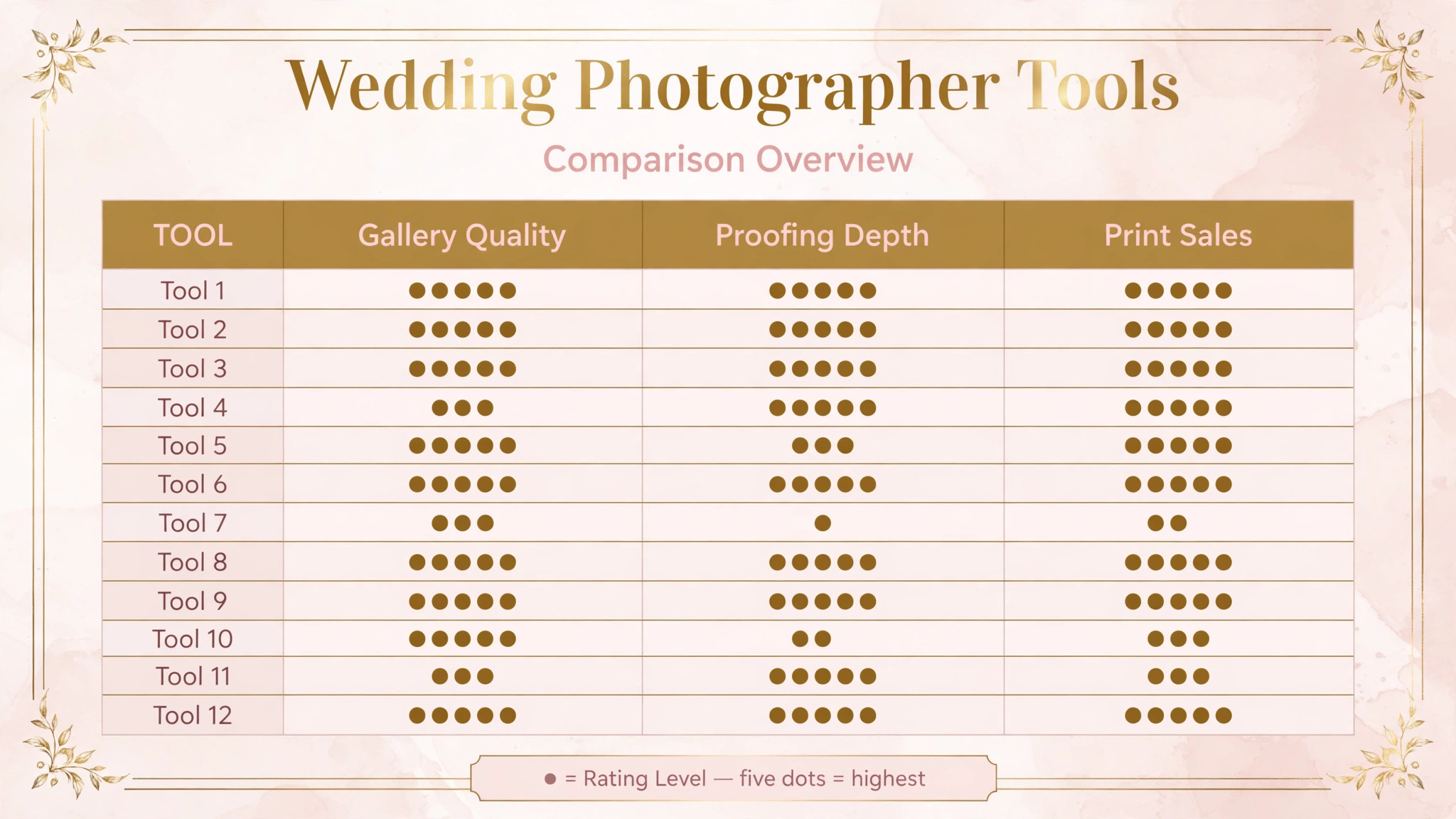 comparison of twelve wedding photographer tools by gallery quality