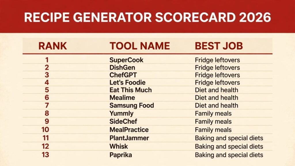 Recipe generator scorecard, best tool for leftovers, diets, family meals and baking