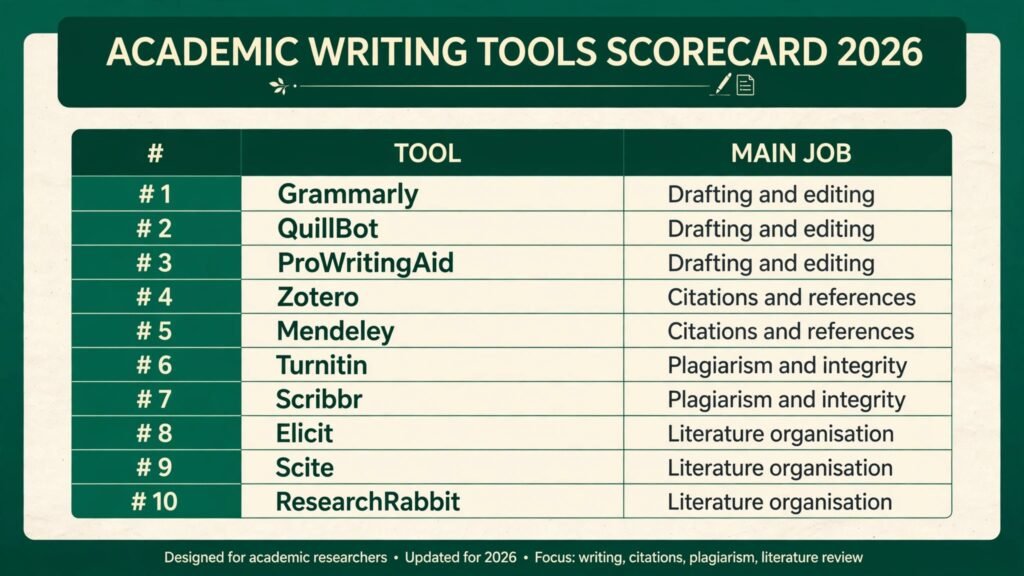 Academic writing tools scorecard, best tool for drafting, citations, plagiarism checks and literature organisation