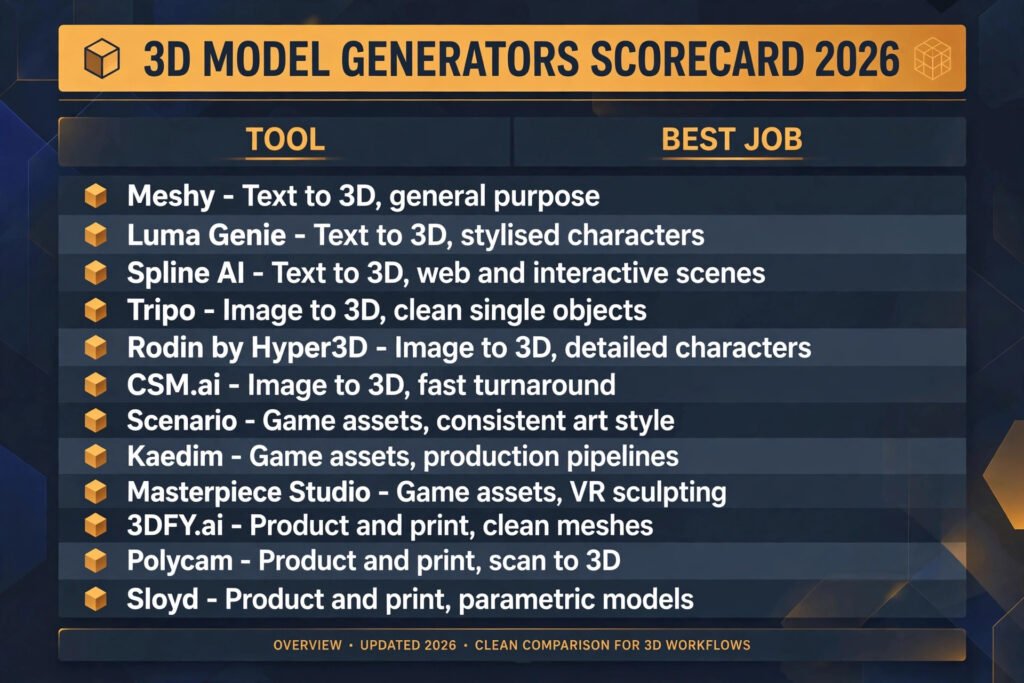 3D model generators scorecard, best tool for text to 3D, image to 3D, games and print