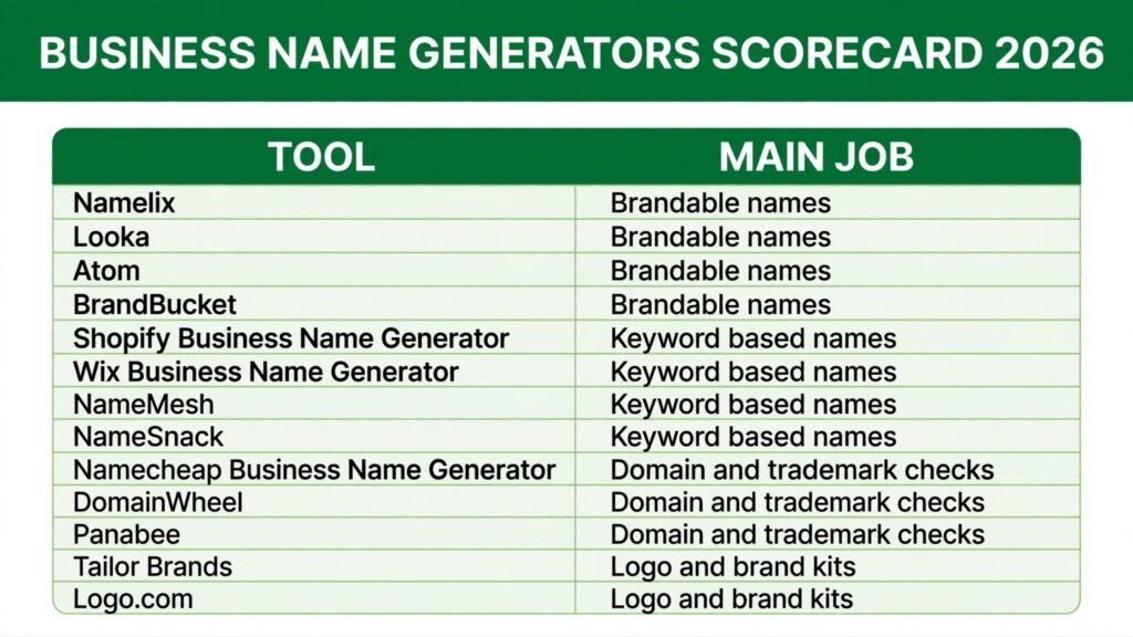 Business name generators scorecard, best tool for brandable names, keywords, domains and logo kits