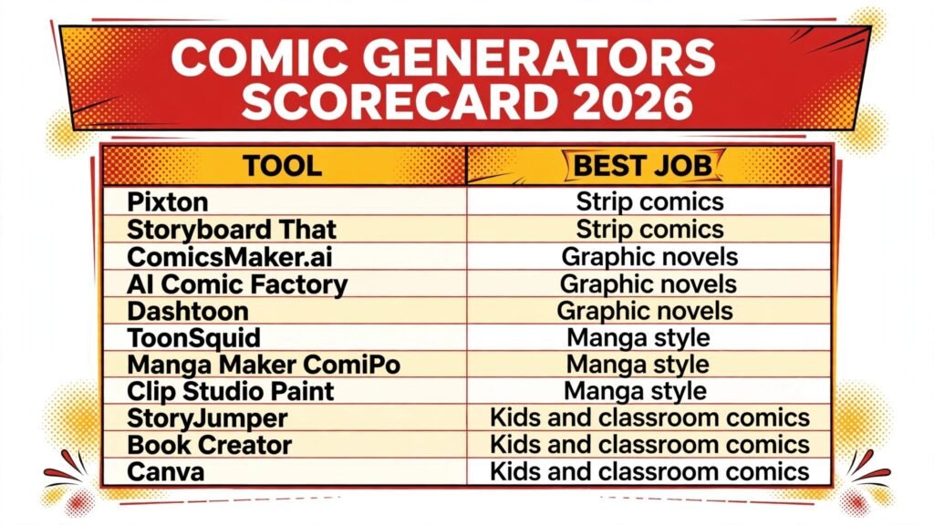 Comic generators scorecard, best tool for strips, graphic novels, manga and classroom comics