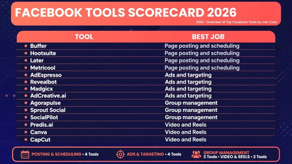 Facebook tools scorecard, best tool for scheduling, ads, groups and Reels