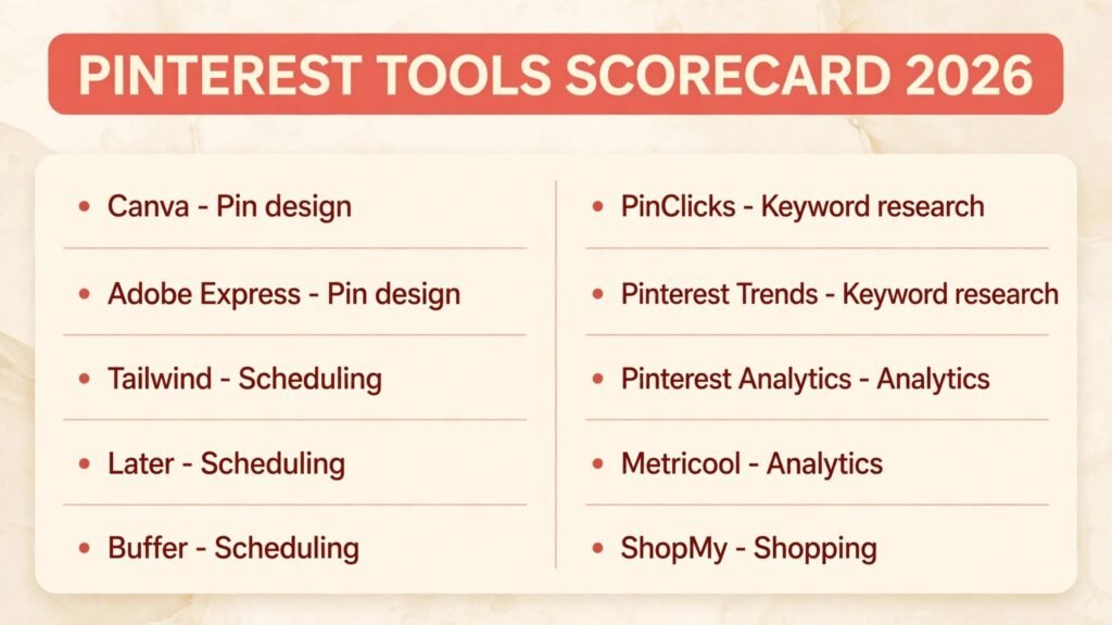 Pinterest tools scorecard, best tool for design, scheduling, keywords and shopping