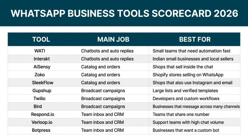 WhatsApp Business tools scorecard, best tool for chatbots, catalogs, broadcasts and team inboxes