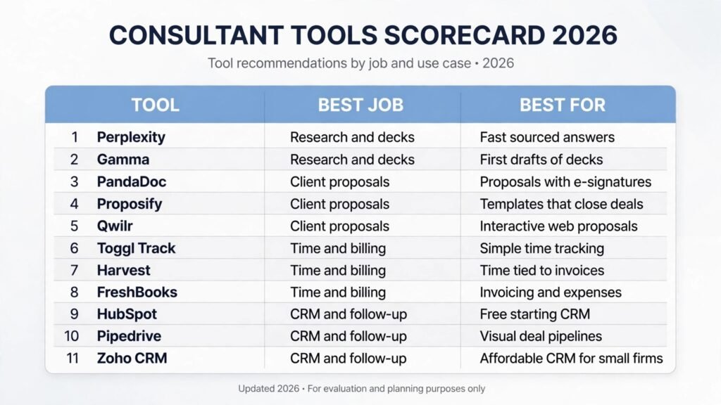 Consultant tools scorecard, best tool for research, decks, proposals, billing and follow-up