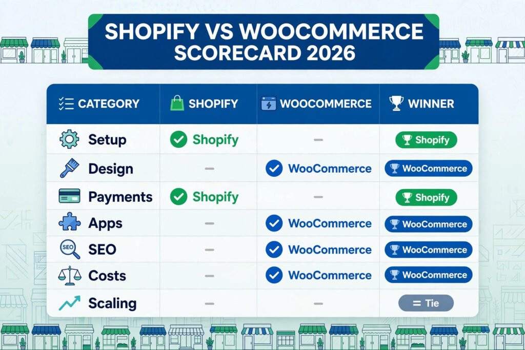 Shopify vs WooCommerce scorecard, winner by category