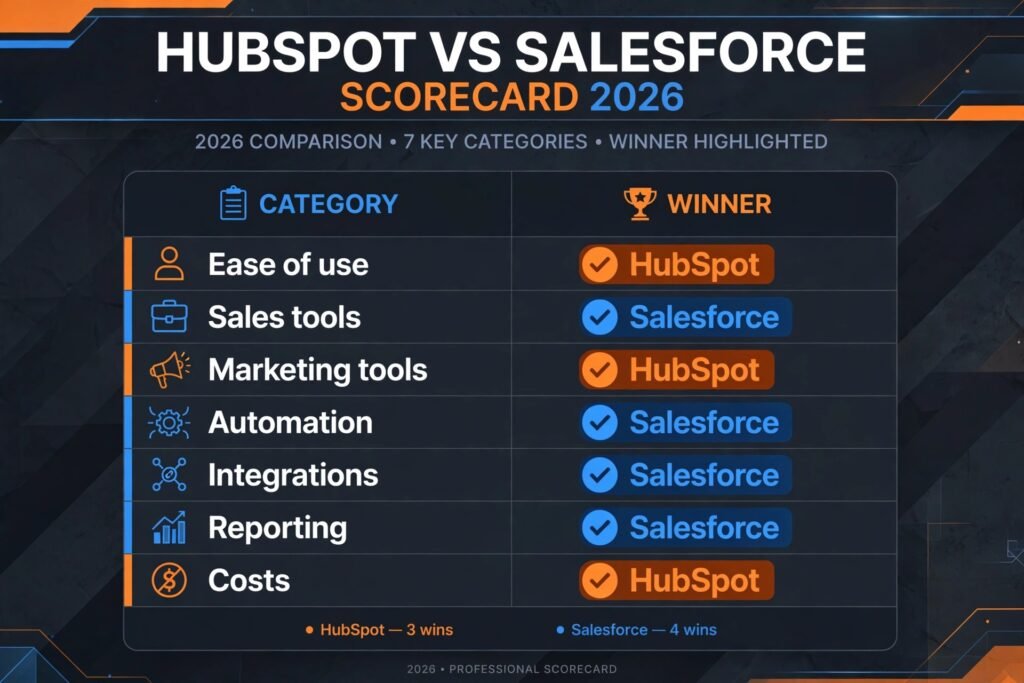 HubSpot vs Salesforce scorecard, winner by category
