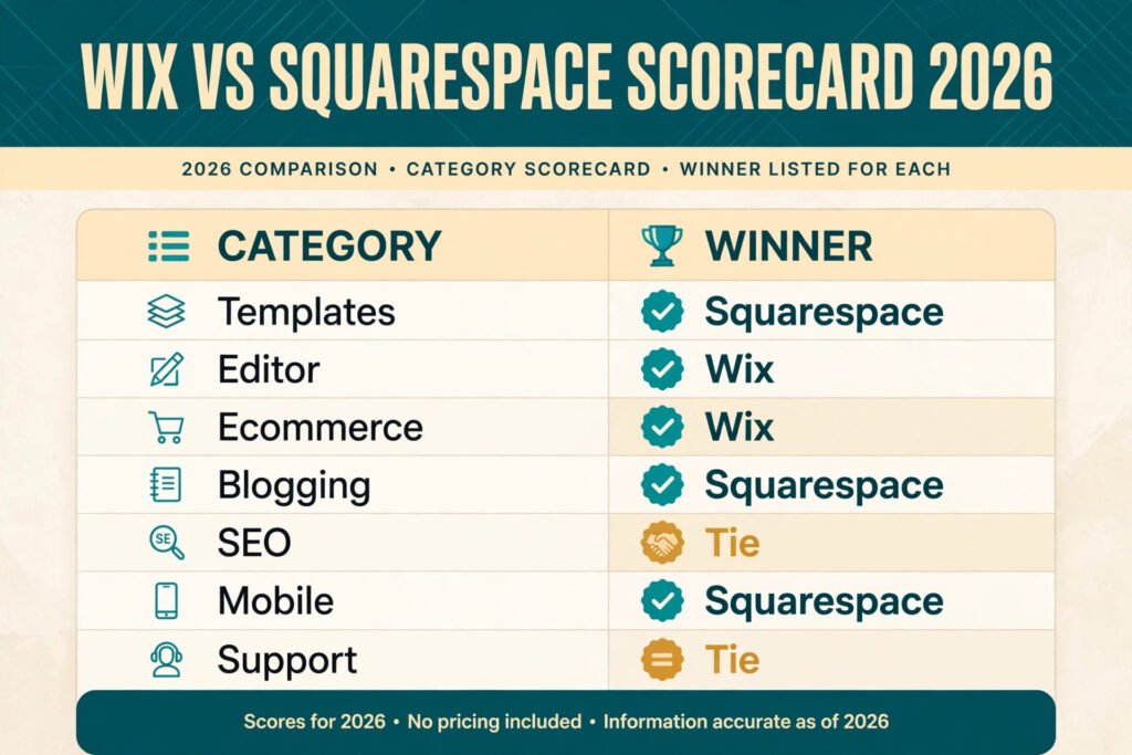 Wix vs Squarespace scorecard, winner by category