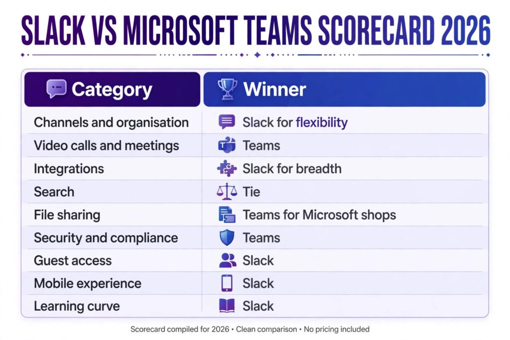 Slack vs Microsoft Teams scorecard, winner by category