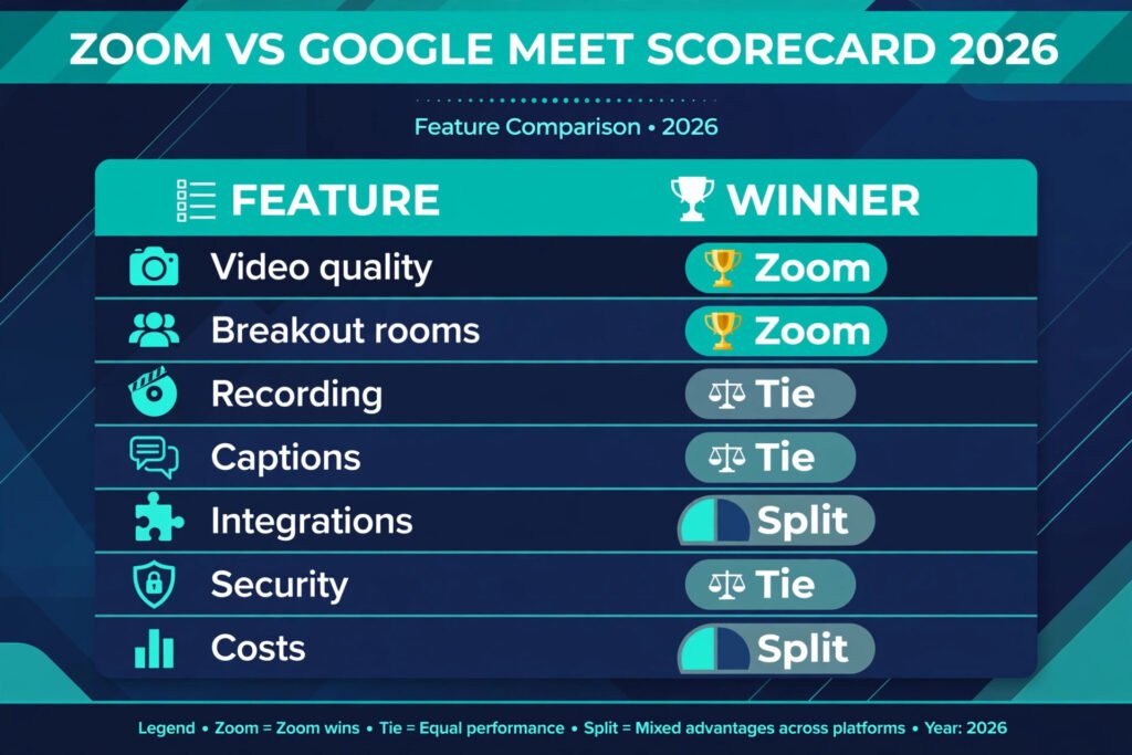 Zoom vs Google Meet scorecard, winner by category