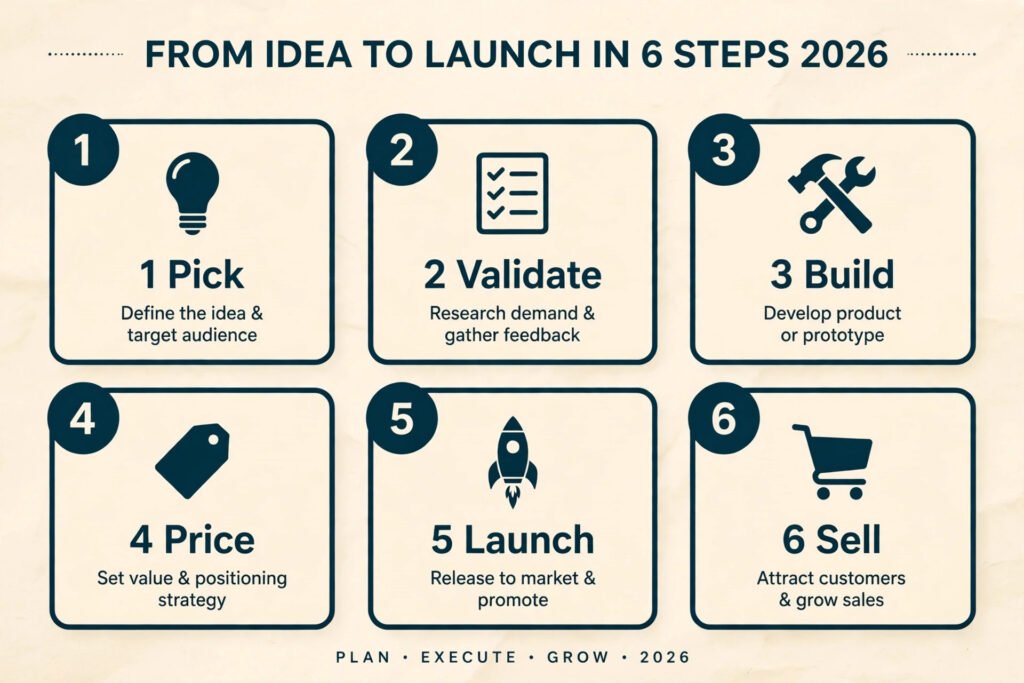 Six step roadmap for creating a digital product with AI.