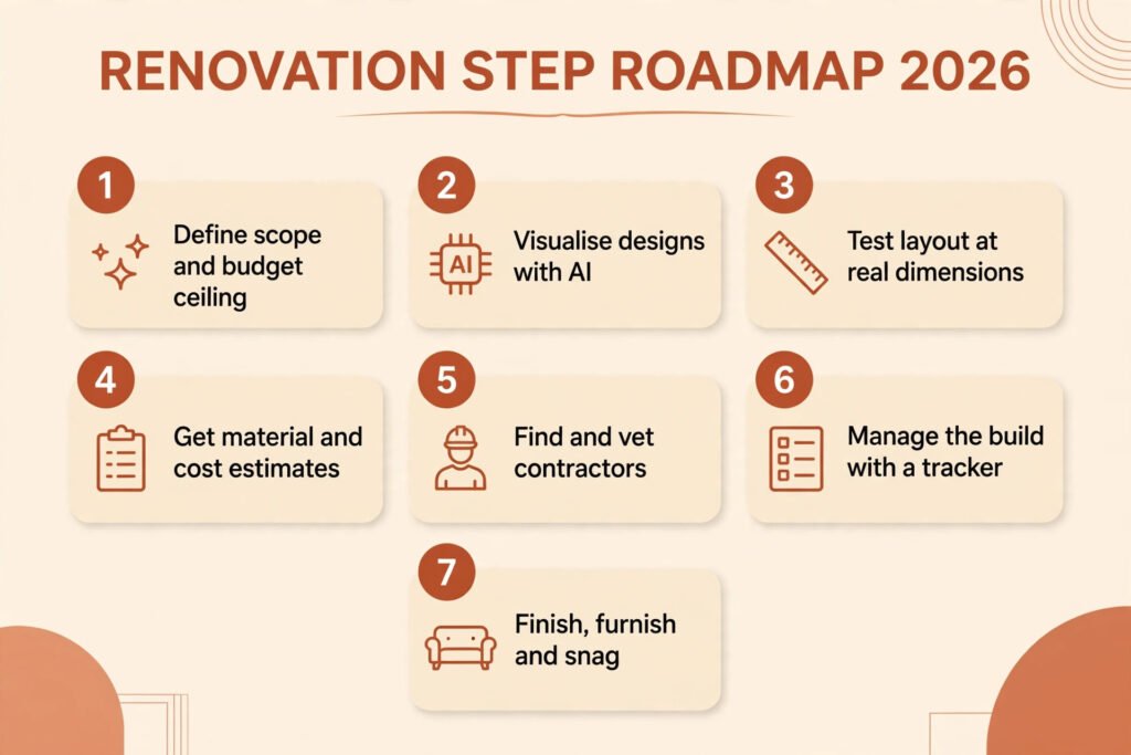 Renovation step roadmap, from scope and budget to snag list