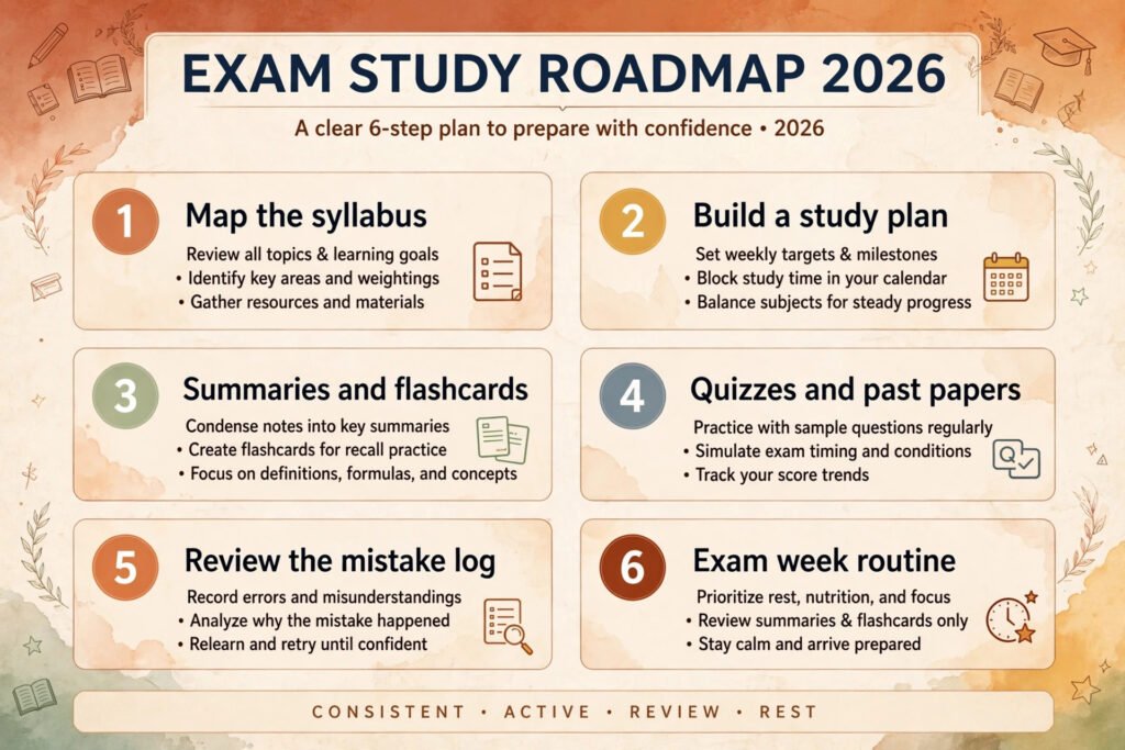 Exam study roadmap, six steps from syllabus to exam week