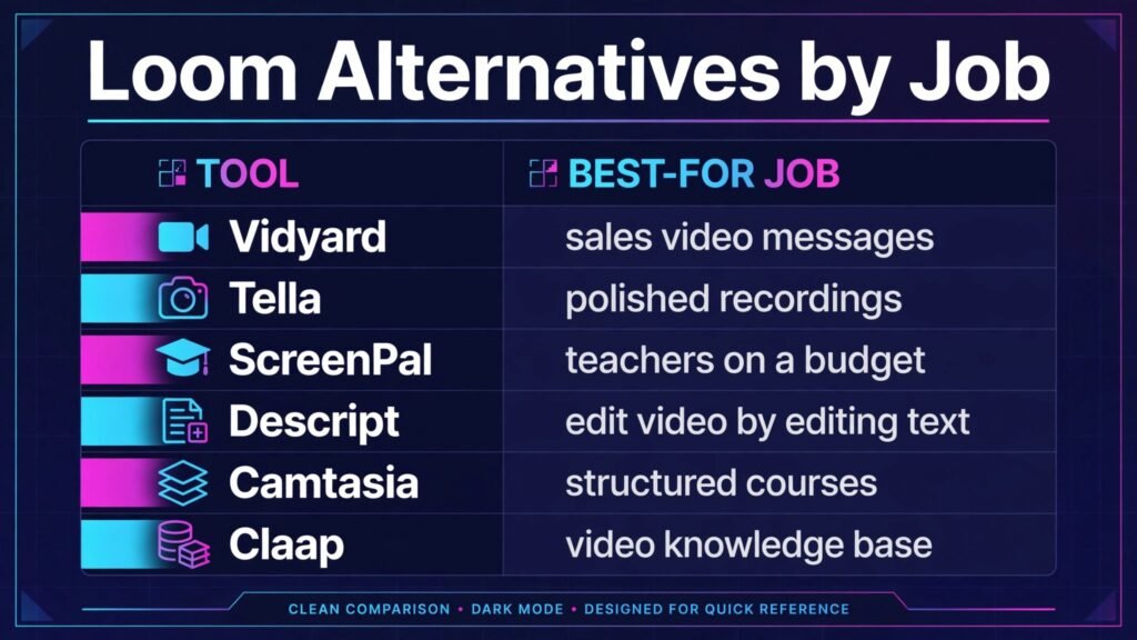 Loom Alternatives: 13 Best Screen Recording Tools in 2026 comparison infographic showing best tools by job