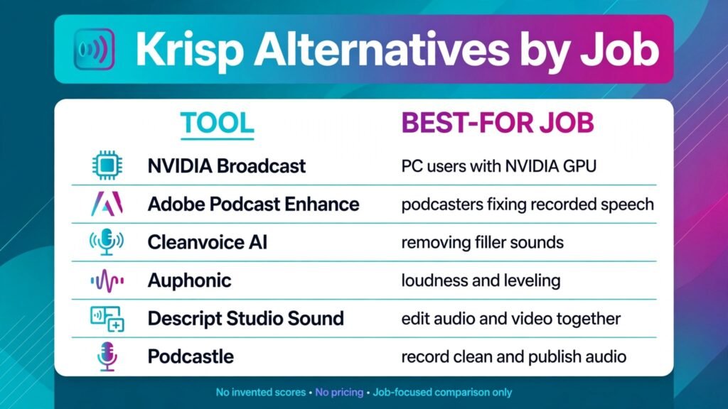Krisp Alternatives: 11 Best AI Noise Cancellation Tools in 2026 comparison infographic showing best tools by job