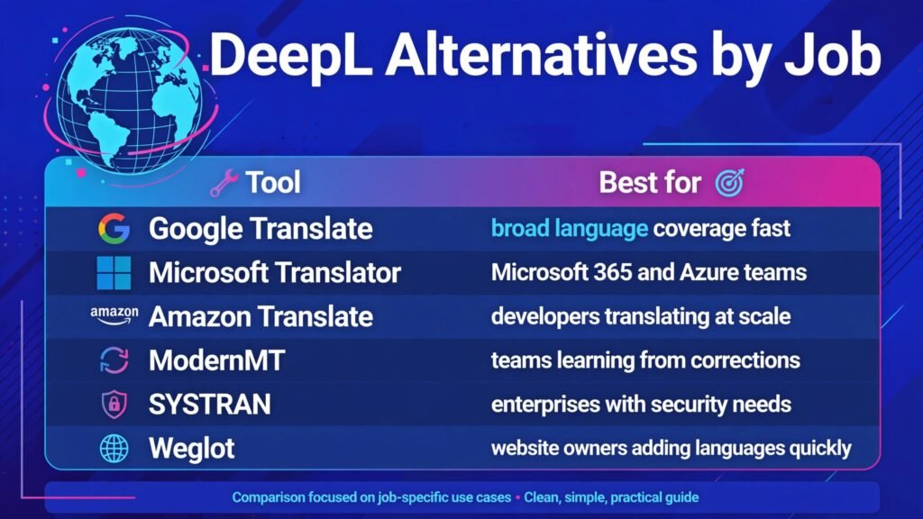 DeepL Alternatives: 14 Best AI Translation Tools in 2026 comparison infographic showing best tools by job