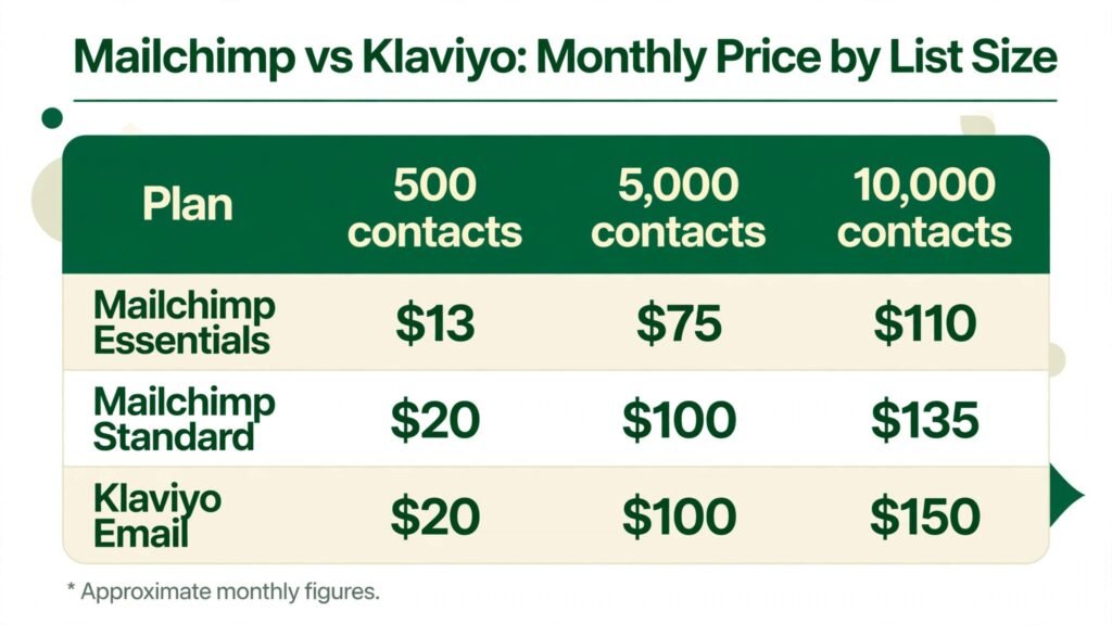 Mailchimp vs Klaviyo pricing by list size chart