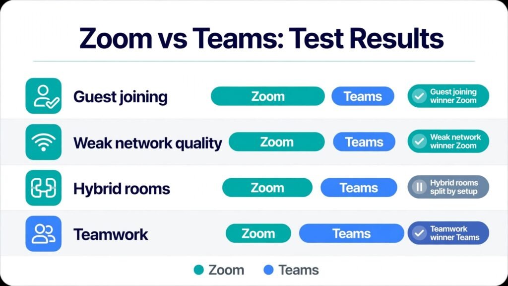 Zoom vs Teams scored test results infographic