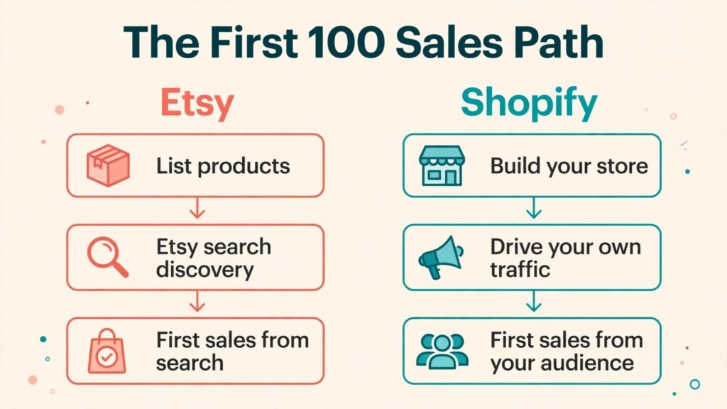 First 100 sales path for Etsy and Shopify