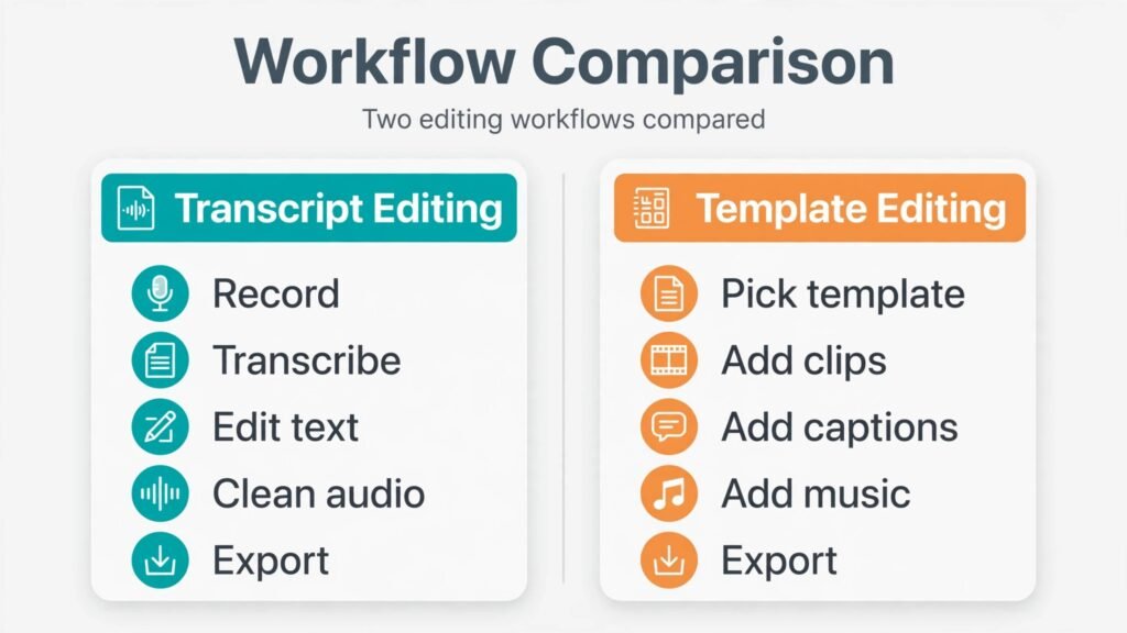 Infographic comparing Descript transcript workflow with CapCut template workflow