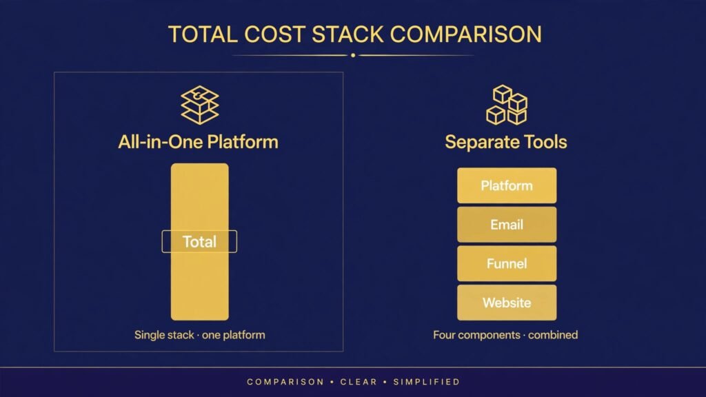 Infographic comparing total stack cost for Kajabi and Teachable