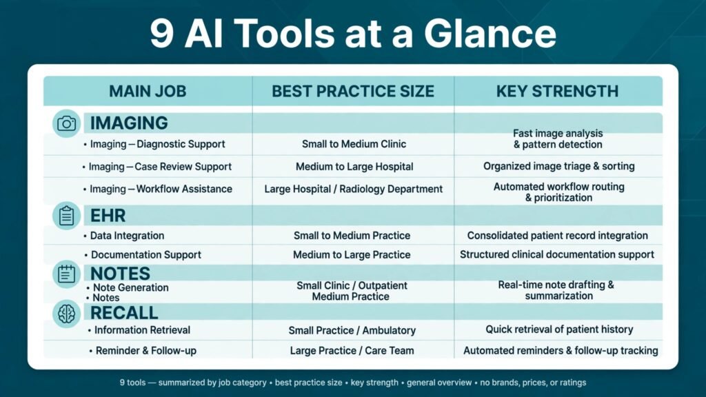 Infographic comparing 9 AI tools for optometrists by job and practice size
