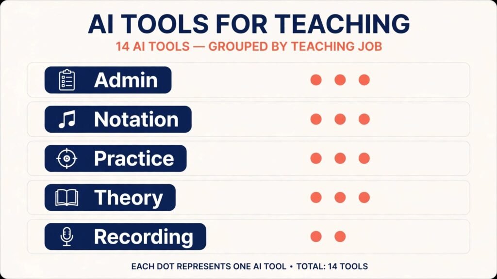 Infographic grouping 14 AI tools for music teachers by teaching job